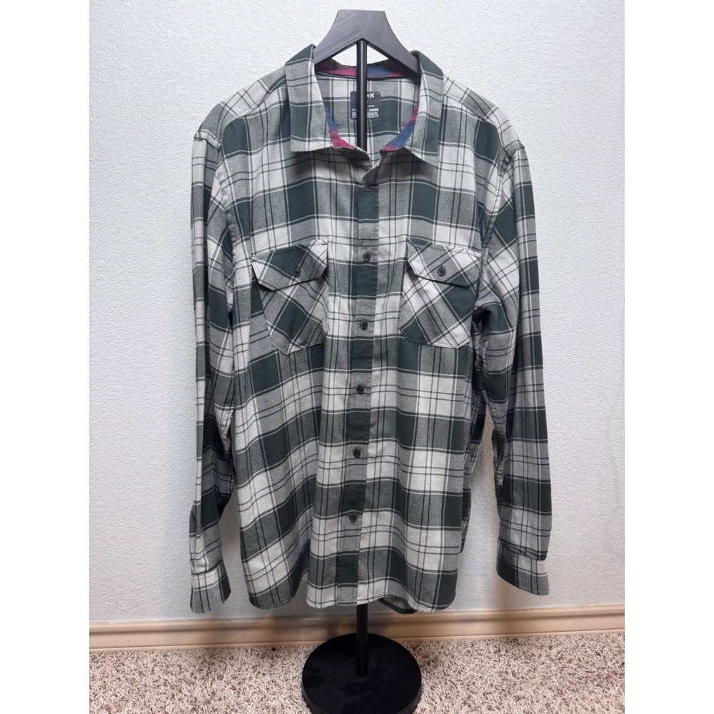 Hurley Nike Dri-FIT Mens XXL Green‎ Plaid Long Sleeve Button Down Shirt Flannel